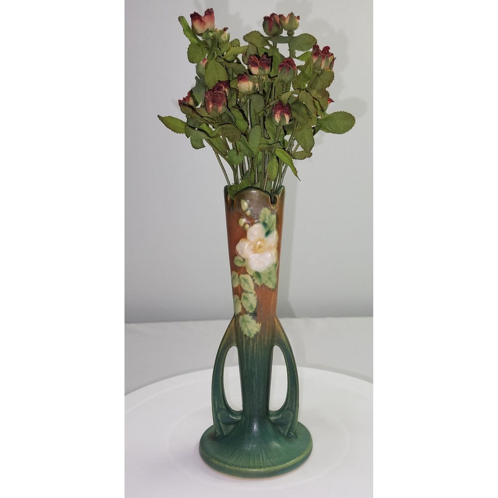 Roseville White Rose Bud Vase 985-7 Green Brown Art Nouveau Floral REPAIRED!